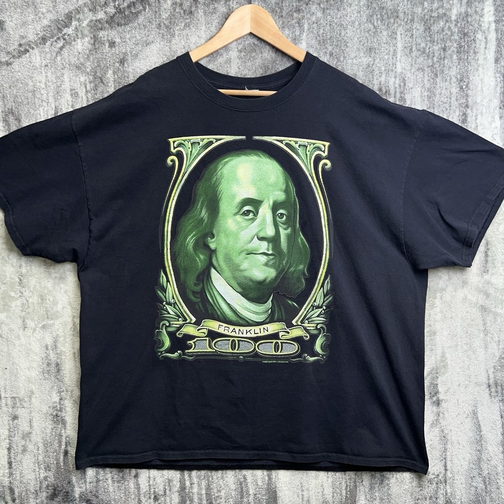 Vintage Y2K 2008 Liquid Blue Benjamin Franklin Money Graphic Black 2XL Shirt
